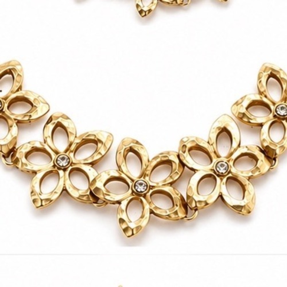 VCLM Gold Hammered Floral Bib Necklace Crystal Center Flower Statement Jewelry